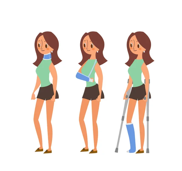 Injured Woman Cartoon Illustrations Woman Broken Legs Plaster Cast Arm Vector Graphics