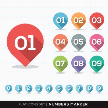 Numbers Pin Marker Flat Icons with long shadow Set for GPS or Map