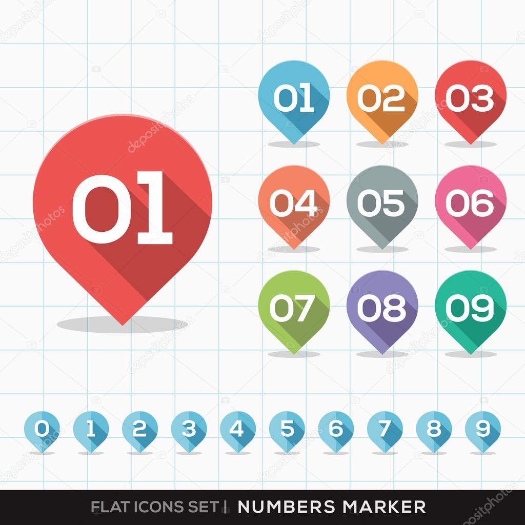 Numbers Pin Marker Flat Icons with long shadow Set for GPS or Map