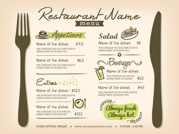 Restaurant Tischset Menü Design-Vorlage Layout — Stockvektor