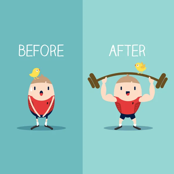 Bodybuilder με barbell πριν και μετά την έννοια εικονογράφηση — Διανυσματικό Αρχείο