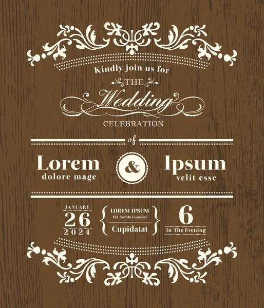 Vintage typography Wedding invitation design template on wooden — Stock Vector