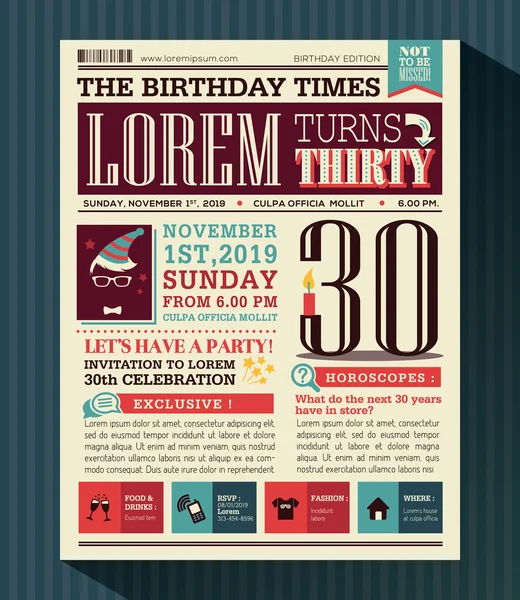 Happy Birthday Party Card Design-Layout im Zeitungsstil — Stockvektor