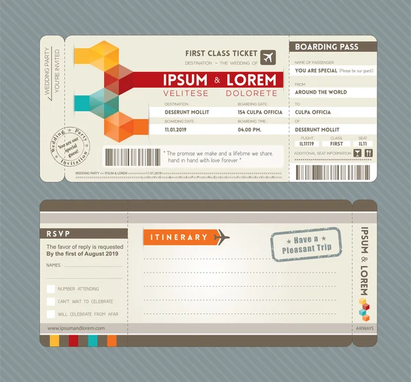 Modelo de design de convite de casamento moderno Boarding Pass — Vetor de Stock