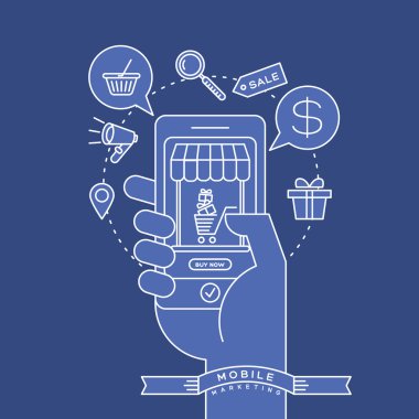 e-ticaret simgeler ve akıllı telefon elinde dijital ma ile anahat