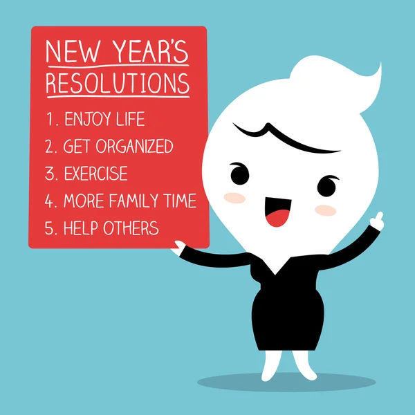 Smiling businesswoman with new year resolutions list — Stock Vector