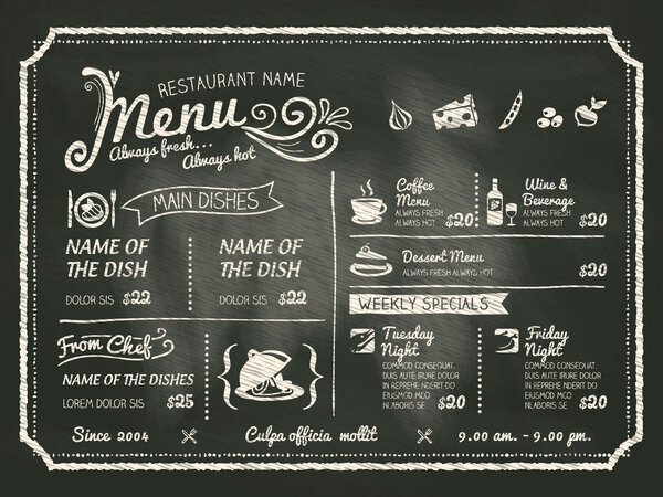 Restaurant Food Menu Design with Chalkboard Background Royalty Free Stock Illustrations