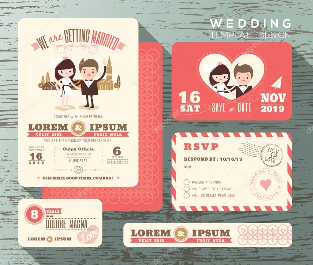 Cute groom and bride couple wedding invitation set design Templa