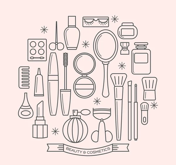 Belleza y cosméticos línea delgada contorno iconos conjunto — Vector de stock