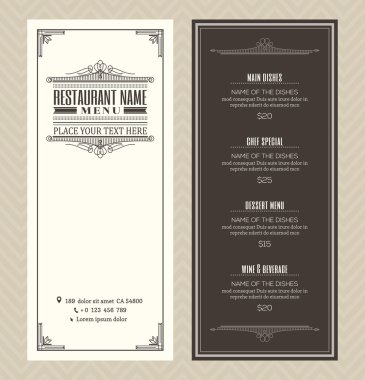 Restaurant or cafe menu design template with vintage retro art deco frame