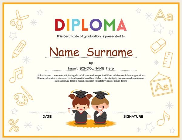 Preschool Kids Diploma certificate design template — Stock Vector