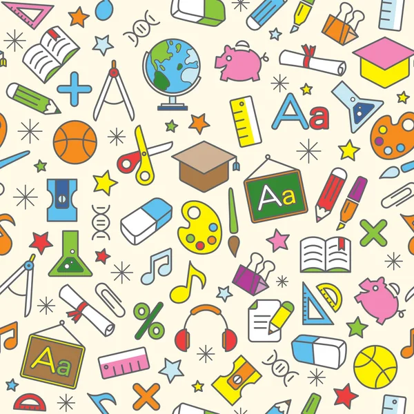 Colorido patrón sin costura fondo de la escuela y los iconos de la educación — Vector de stock