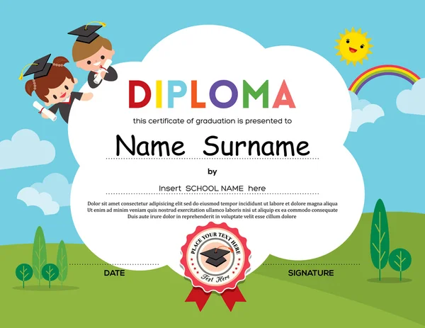 Scuola materna Scuola elementare Bambini Diploma di base certificato Illustrazione Stock