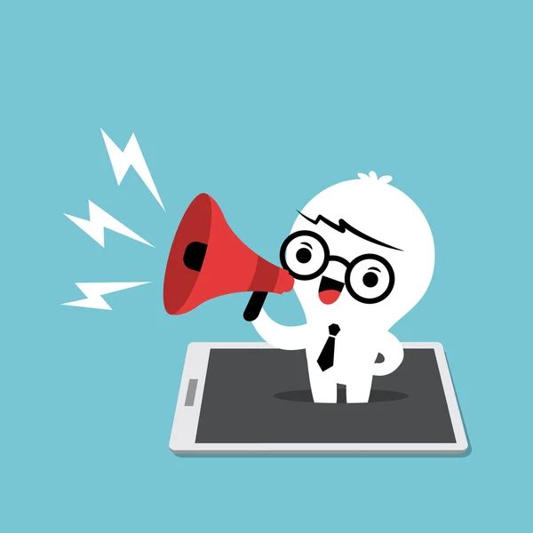 Mobile marketing concept smart phone with pop up business man with megaphone cartoon — Stok Vektör