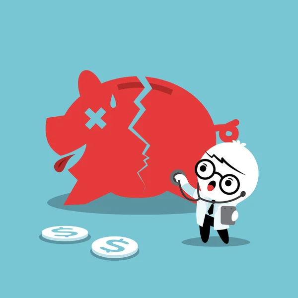 Doctor examining a broken piggy bank — Stock Vector