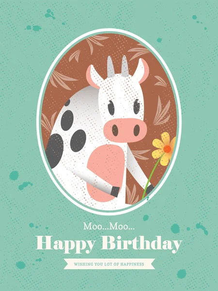牛の動物漫画誕生日カード デザイン — ストックベクタ