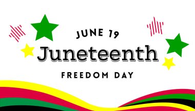 Haziran Özgürlük Günü tasarımı stilize edilmiş metin, dekoratif yıldızlar ve kırmızı, siyah, sarı ve yeşil dalgalarla karşılanıyor.