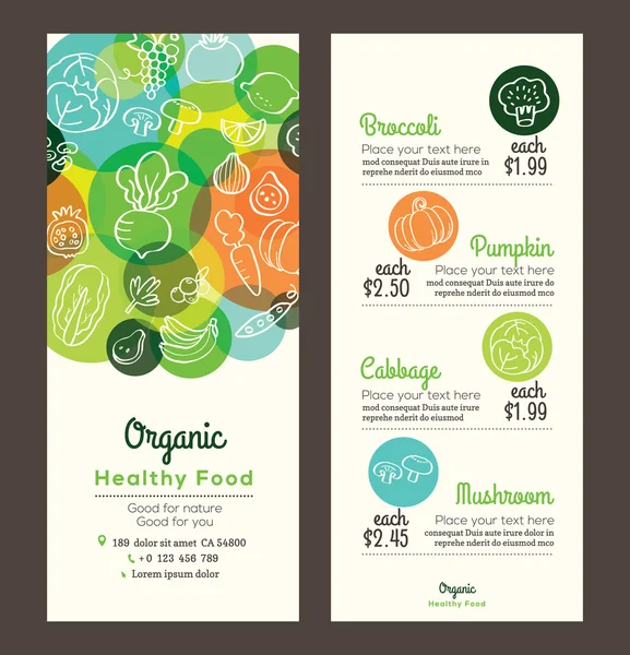 Органические здоровые продукты питания с фруктами и овощами листовка меню — стоковый вектор