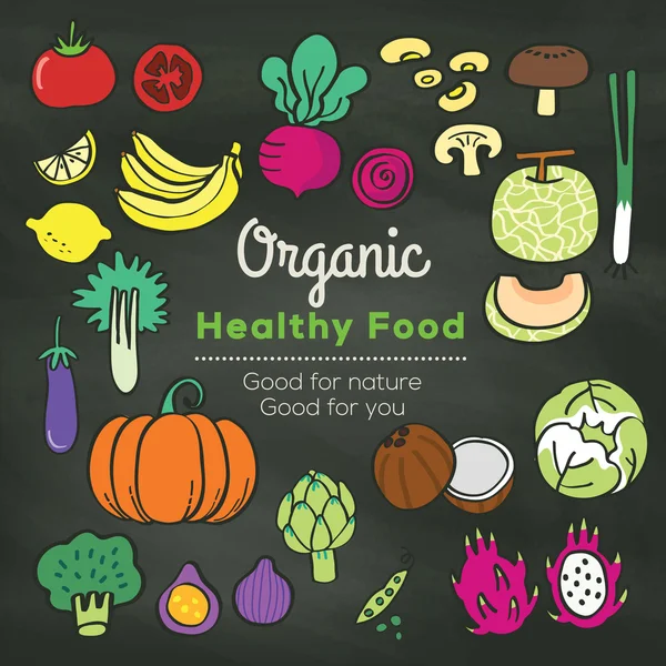 Organic food doodle on chalkboard background Vector Graphics