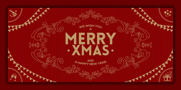 Merry Christmas and a happy new year greeting vintage frame on red background — Stock Vector