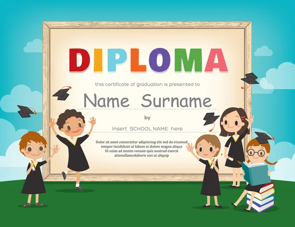 Escola Crianças Diploma modelo de design certificado — Vetor de Stock