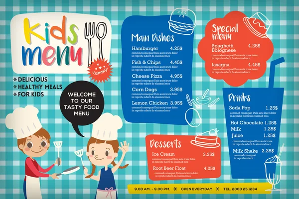 Cute colorful kids meal menu template — Stock Illustration Cute colorful kids meal menu template Vector Graphics