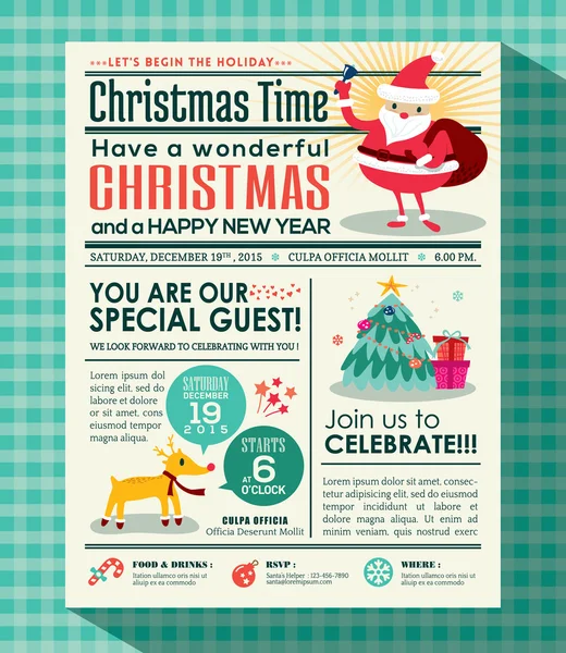 Christmas party poster invite background in newspaper style — Stock Vector