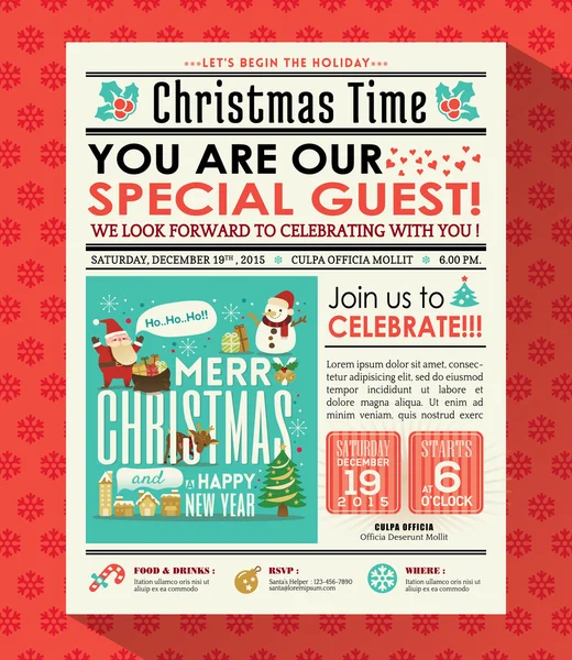 Karácsonyi party poszter meghívja Önt a háttérben újság stílusban — Stock Vector