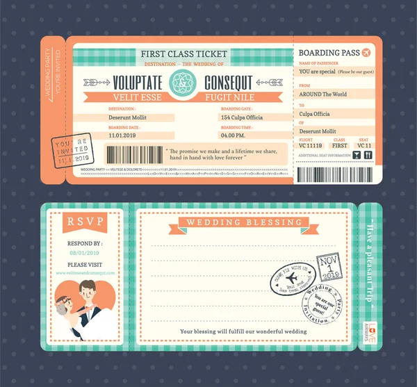 Pastel Retro Boarding Pass Plantilla de invitación de boda — Archivo Imágenes Vectoriales