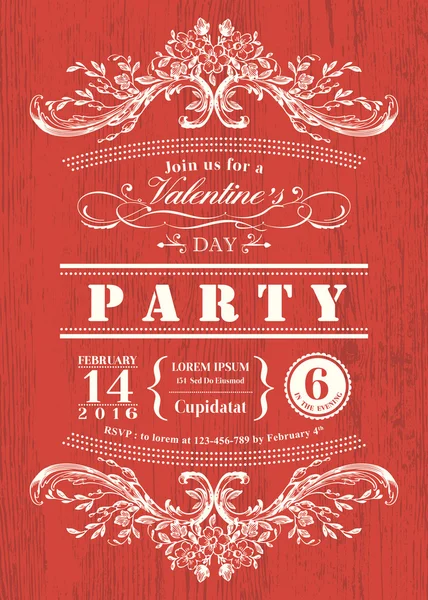 Valentine day card party invitation with vintage frame on red background — Stock Vector