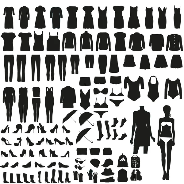 Siluetas de ropa y accesorios para mujer — Vector de stock