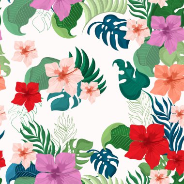   Hafif arka planda tropikal bitkiler olan kusursuz vektör deseni. Çiçek deseni
