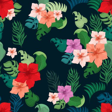   Koyu arkaplanda tropikal bitkiler olan kusursuz vektör deseni.