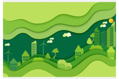   Kağıt Kesiği Arkaplanı. Modern yeşil şehir. Doğanın korunması. Şehir görünümü