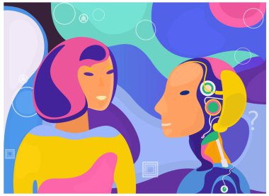   İçinde bir kız ve robot olan vektör posteri. Robot asistan. Robotla iletişim.