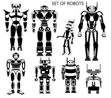   Siyah ve beyaz renkli bir grup çocuk robotu. Vektör robotlar.