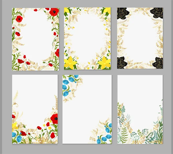 Kartenset Mit Blumen Und Goldenen Pflanzen Auf Grauem Hintergrund Vektorpostkarten — Stockvektor
