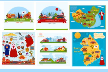   Harita, pankart ve kartpostallarda Kore, Japonya ve Çin sembolleri var. Geleneksel Asya mimarisine sahip kartpostallar.
