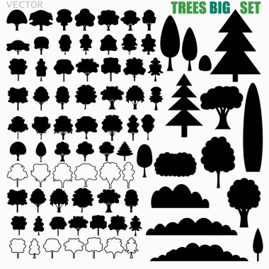   Ağaçlar, çalılar, arka planda noel ağaçları. Vektör seti.