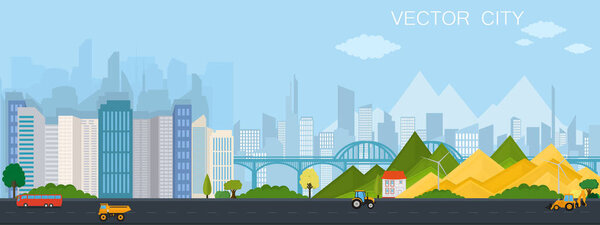   City view with bridge. Modern metropolis with mountains. Vector poster.