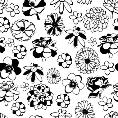 Siyah ve beyaz renkli çiçekli bir desen seti. Vektör deseni.