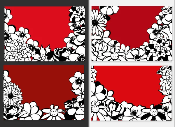 Set Von Vektorkarten Mit Rotem Hintergrund Und Konturblumen Schwarz Weißen — Stockvektor