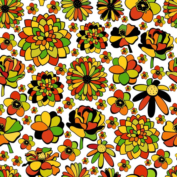 Seamless Vector Pattern Multicolored Flowers Black Outline White Background — Stock Vector