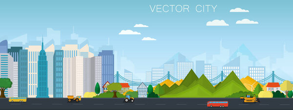   City view with bridge. Modern metropolis with mountains. Vector poster.