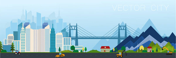   City view with bridge. Modern metropolis with mountains. Vector poster.