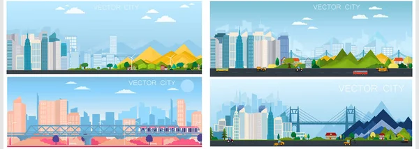 Conjunto Póster Vectorial Con Vista Moderna Ciudad Con Rascacielos — Vector de stock