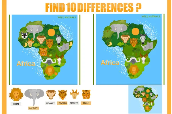 Najděte Rozdíl Mapě Afriky Dětská Hra Divoká Zvířata — Stockový vektor