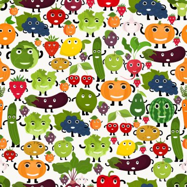   Hafif arka planda sebze ve meyve karakterleri olan kusursuz vektör deseni.