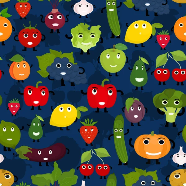 Seamless Vector Pattern Characters Vegetables Fruits Dark Blue Background — Stock Vector