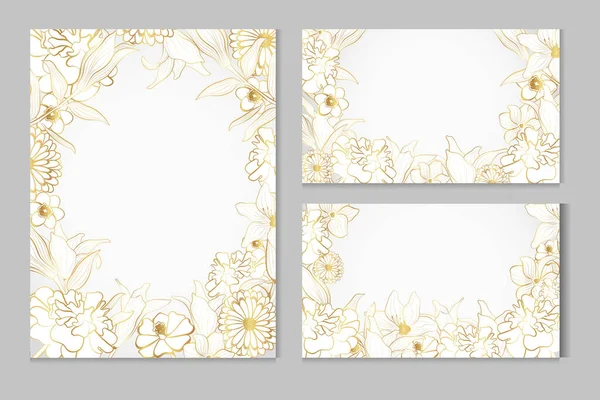 Set Von Vektorkarten Mit Goldenen Blumen Auf Weißem Hintergrund Linienkunst — Stockvektor